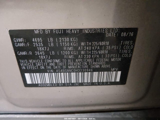 Продаж на аукціоні авто 2017 Subaru Outback 2.5i Limited, vin: 4S4BSANC0H3230946, номер лоту: 46076601