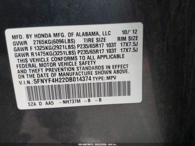 Aukcja sprzedaży 2013 Honda Pilot Lx, vin: 5FNYF4H22DB014374, numer aukcji: 46076613