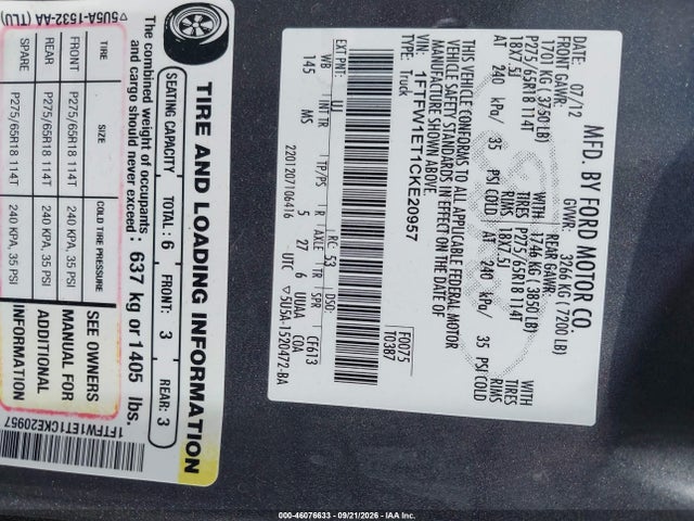 2012 Ford F-150 Xlt მანქანა იყიდება აუქციონზე, vin: 1FTFW1ET1CKE20957, აუქციონის ნომერი: 46076633
