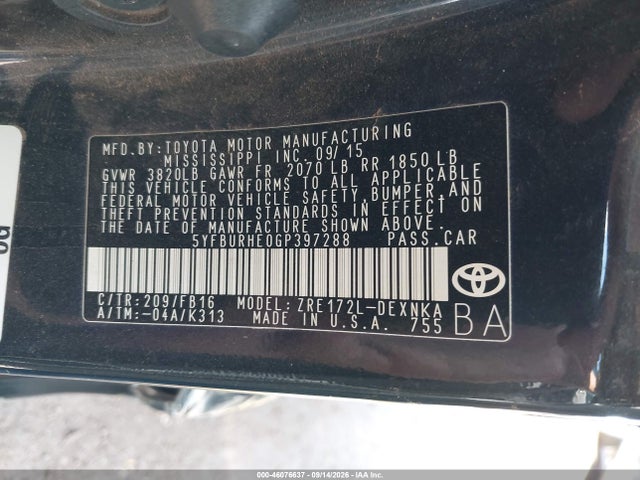 Aukcja sprzedaży 2016 Toyota Corolla Le, vin: 5YFBURHE0GP397288, numer aukcji: 46076637