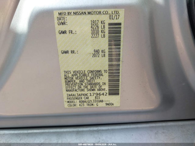 2017 Nissan Altima 2.5 S მანქანა იყიდება აუქციონზე, vin: 1N4AL3APXHC179642, აუქციონის ნომერი: 46076639