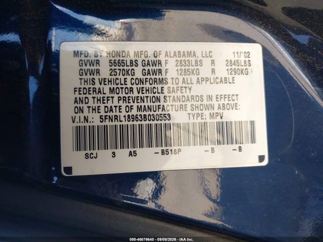 Aukcja sprzedaży 2003 Honda Odyssey Ex-l, vin: 5FNRL18963B030553, numer aukcji: 46076640