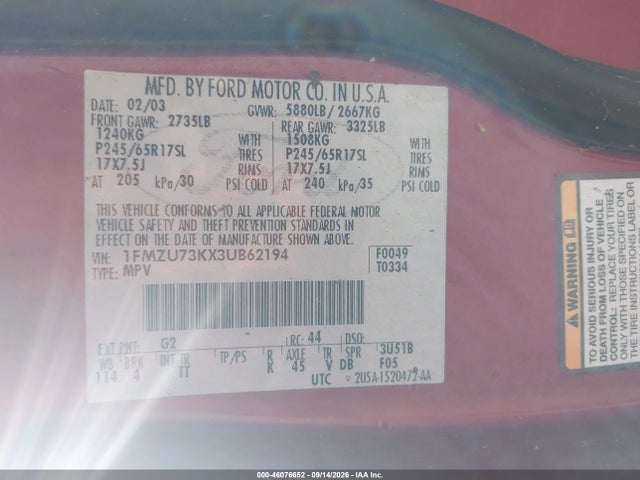 46076652 :رقم المزاد ، 1FMZU73KX3UB62194 vin ، 2003 Ford Explorer Nbx/xlt مزاد بيع
