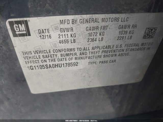 Продажа на аукционе авто 2017 Chevrolet Impala 1lt, vin: 1G1105SA0HU178592, номер лота: 46076661