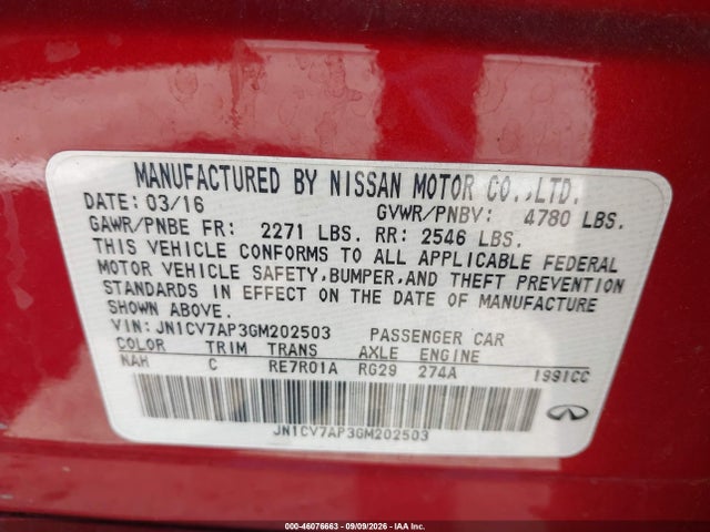 46076663 :رقم المزاد ، JN1CV7AP3GM202503 vin ، 2016 Infiniti Q50 2.0t Base/2.0t Premium مزاد بيع