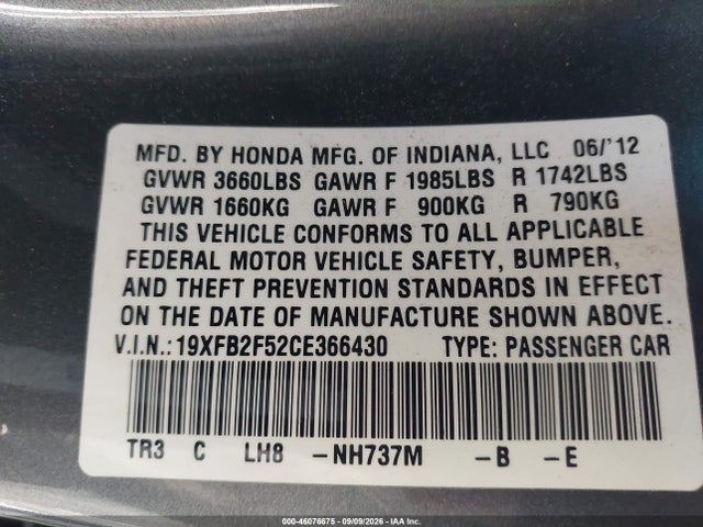 46076675 :رقم المزاد ، 19XFB2F52CE366430 vin ، 2012 Honda Civic Lx مزاد بيع