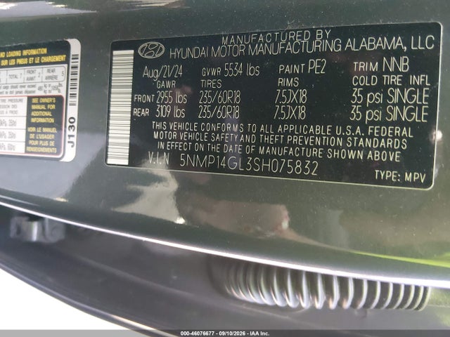 Aukcja sprzedaży 2025 Hyundai Santa Fe Se, vin: 5NMP14GL3SH075832, numer aukcji: 46076677