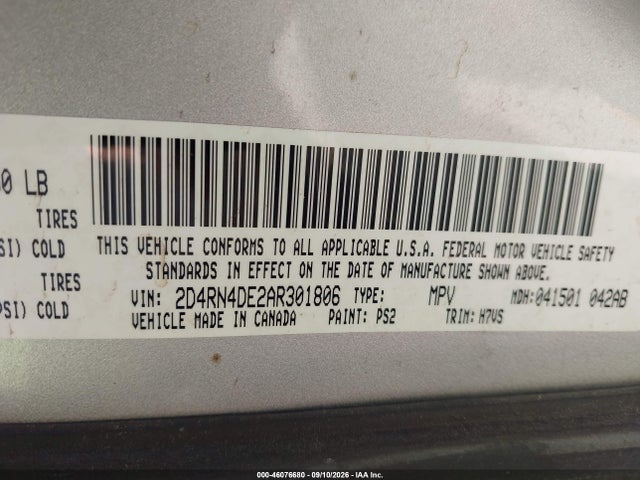 46076680 :رقم المزاد ، 2D4RN4DE2AR301806 vin ، 2010 Dodge Grand Caravan Se مزاد بيع