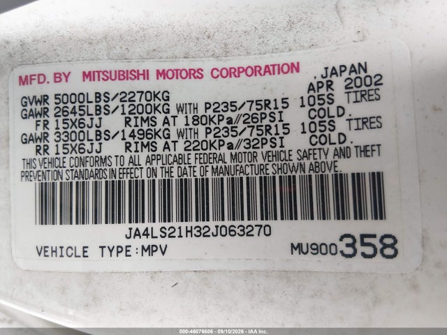 Продаж на аукціоні авто 2002 Mitsubishi Montero Sport Es/ls, vin: JA4LS21H32J063270, номер лоту: 46076686