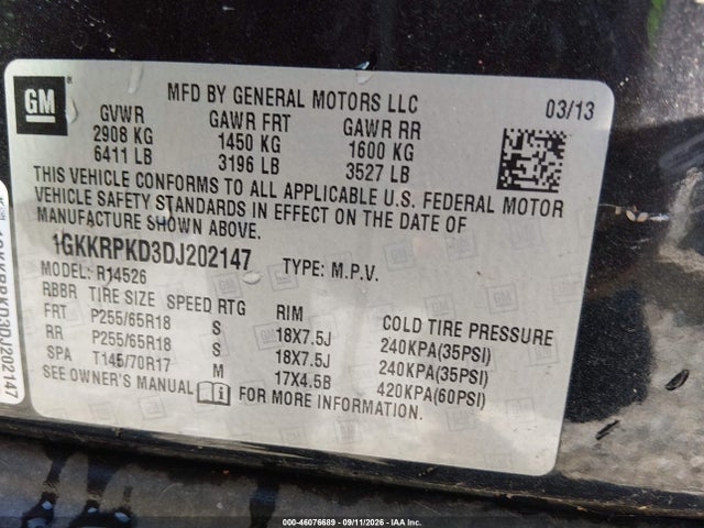 Aukcja sprzedaży 2013 Gmc Acadia Sle-2, vin: 1GKKRPKD3DJ202147, numer aukcji: 46076689