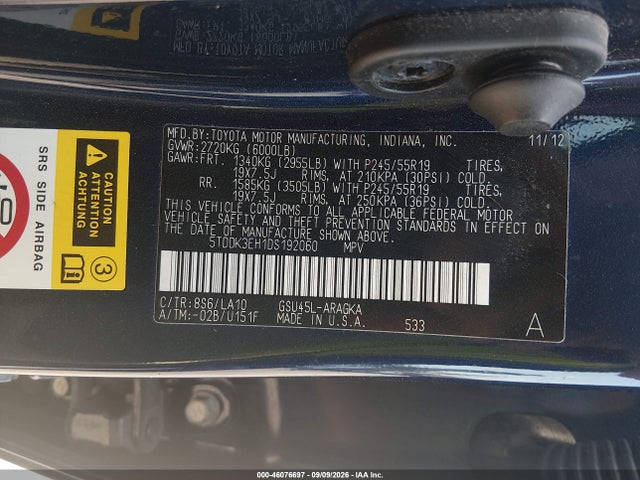 46076697 :رقم المزاد ، 5TDDK3EH1DS192060 vin ، 2013 Toyota Highlander Limited V6 مزاد بيع