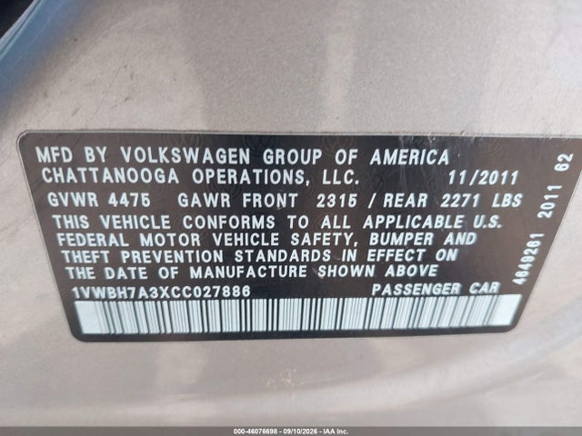 2012 Volkswagen Passat 2.5l Se მანქანა იყიდება აუქციონზე, vin: 1VWBH7A3XCC027886, აუქციონის ნომერი: 46076698