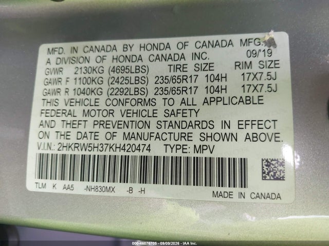 Honda CR-V LX 2019 2HKRW5H37KH420474 Image 9