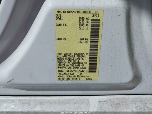 Продажа на аукционе авто 2013 Nissan Altima 2.5 Sv, vin: 1N4AL3AP5DC905403, номер лота: 46076706
