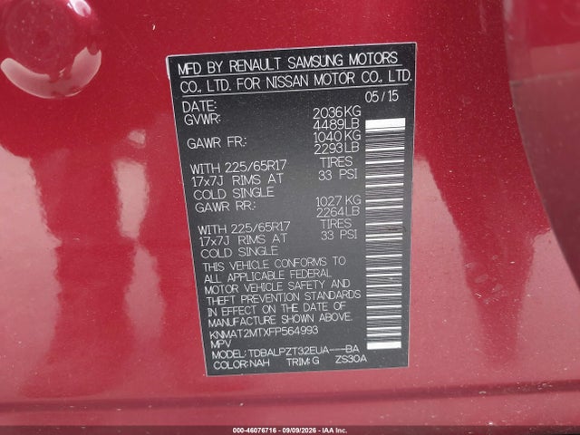 46076716 :رقم المزاد ، KNMAT2MTXFP564993 vin ، 2015 Nissan Rogue S مزاد بيع