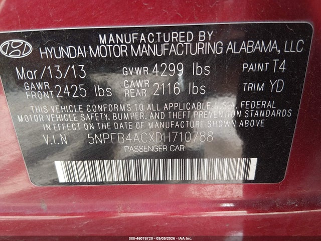 Продаж на аукціоні авто 2013 Hyundai Sonata Gls, vin: 5NPEB4ACXDH710788, номер лоту: 46076720
