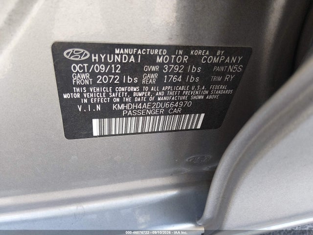 46076722 :رقم المزاد ، KMHDH4AE2DU664970 vin ، 2013 Hyundai Elantra Limited مزاد بيع