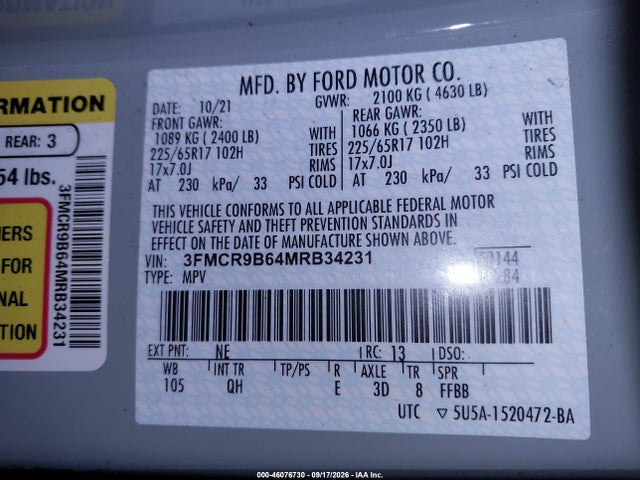 Aukcja sprzedaży 2021 Ford Bronco Sport Big Bend, vin: 3FMCR9B64MRB34231, numer aukcji: 46076730
