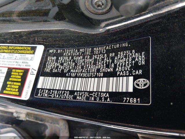 46076737 :رقم المزاد ، 4T1BF1FK9EU757108 vin ، 2014 Toyota Camry Se مزاد بيع
