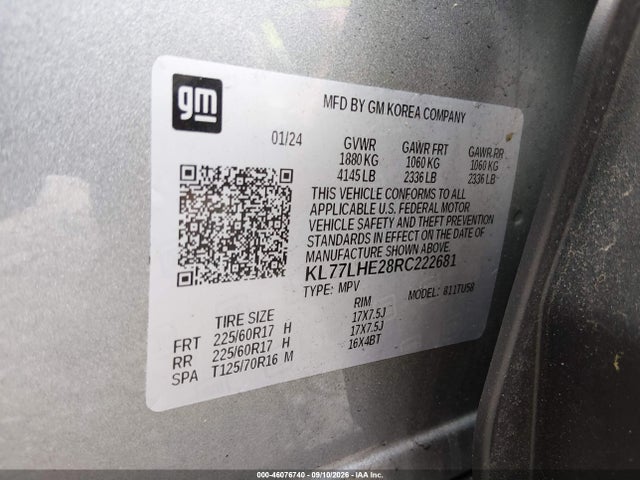 2024 Chevrolet Trax Fwd Lt მანქანა იყიდება აუქციონზე, vin: KL77LHE28RC222681, აუქციონის ნომერი: 46076740