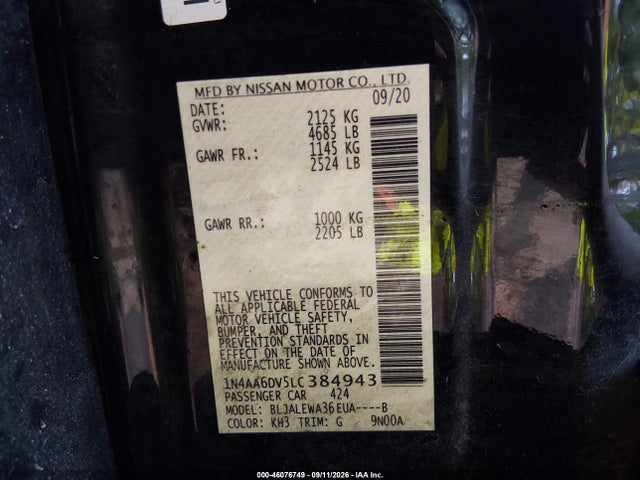 46076749 :رقم المزاد ، 1N4AA6DV5LC384943 vin ، 2020 Nissan Maxima Sl Xtronic Cvt مزاد بيع