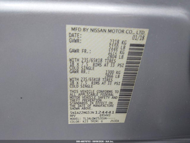 Продажа на аукционе авто 2018 Nissan Murano Sv, vin: 5N1AZ2MG5JN124441, номер лота: 46076753