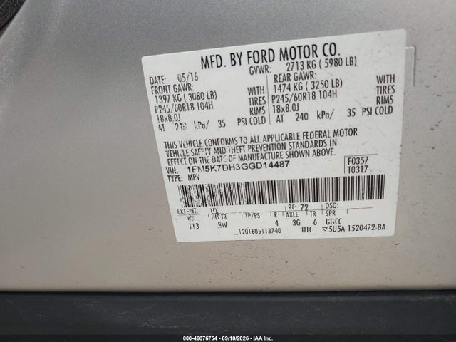 46076754 :رقم المزاد ، 1FM5K7DH3GGD14487 vin ، 2016 Ford Explorer Xlt مزاد بيع