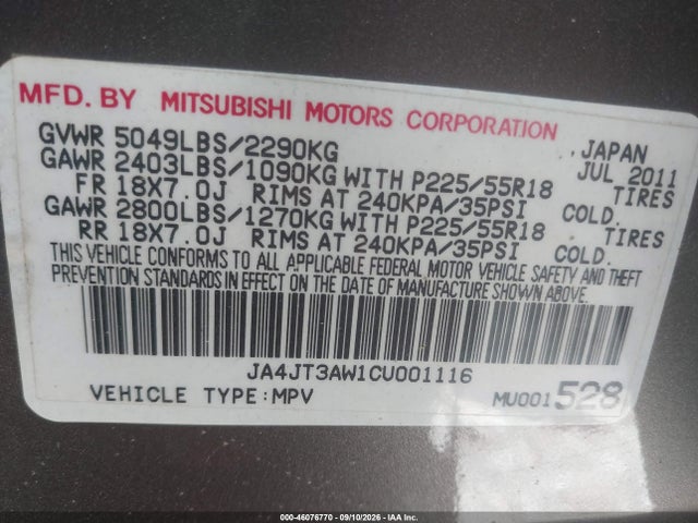 Aukcja sprzedaży 2012 Mitsubishi Outlander Se, vin: JA4JT3AW1CU001116, numer aukcji: 46076770