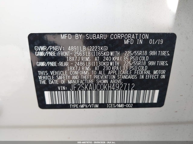 2019 Subaru Forester Limited მანქანა იყიდება აუქციონზე, vin: JF2SKAUC0KH492712, აუქციონის ნომერი: 46076783