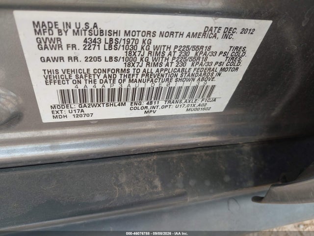 2013 Mitsubishi Outlander Sport Es მანქანა იყიდება აუქციონზე, vin: 4A4AP3AU1DE011139, აუქციონის ნომერი: 46076788