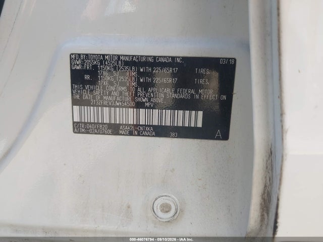 2018 Toyota Rav4 Le მანქანა იყიდება აუქციონზე, vin: 2T3ZFREV3JW454500, აუქციონის ნომერი: 46076794
