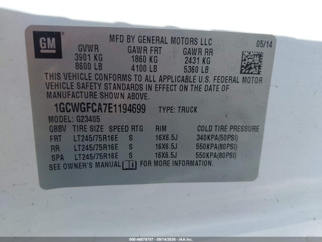 2014 Chevrolet Express 2500 Work Van მანქანა იყიდება აუქციონზე, vin: 1GCWGFCA7E1194699, აუქციონის ნომერი: 46076797