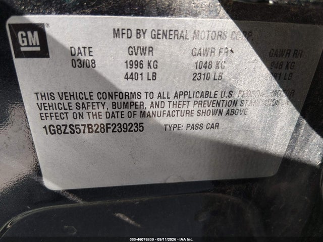 46076809 :رقم المزاد ، 1G8ZS57B28F239235 vin ، 2008 Saturn Aura Xe مزاد بيع