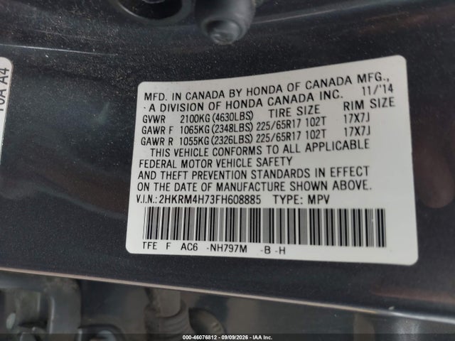 Honda Cr-v Ex-l 2015 2HKRM4H73FH608885 Image 9