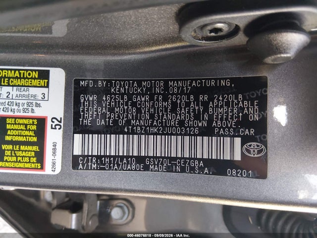 4T1BZ1HK2JU003126 Toyota Camry Xle V6