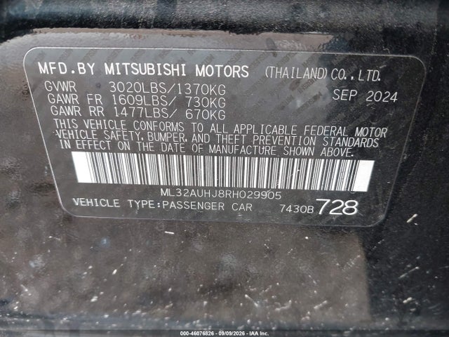 Aukcja sprzedaży 2024 Mitsubishi Mirage Es/le, vin: ML32AUHJ8RH029905, numer aukcji: 46076826