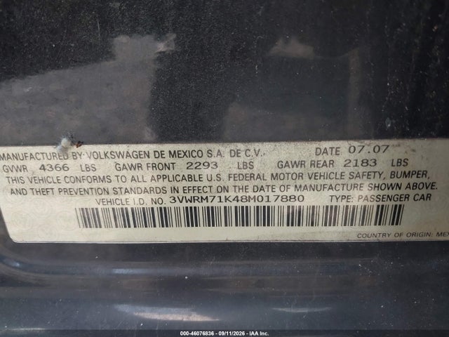 Aukcja sprzedaży 2008 Volkswagen Jetta Se/sel, vin: 3VWRM71K48M017880, numer aukcji: 46076836