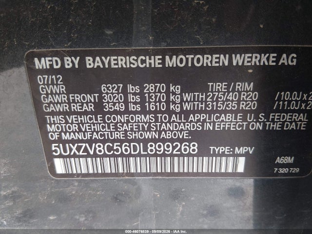 2013 Bmw X5 Xdrive50i მანქანა იყიდება აუქციონზე, vin: 5UXZV8C56DL899268, აუქციონის ნომერი: 46076839