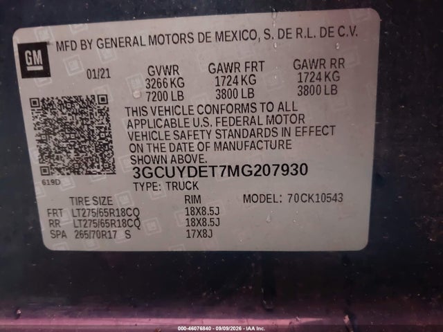 46076840 :رقم المزاد ، 3GCUYDET7MG207930 vin ، 2021 Chevrolet Silverado 1500 4wd  Short Bed Lt مزاد بيع
