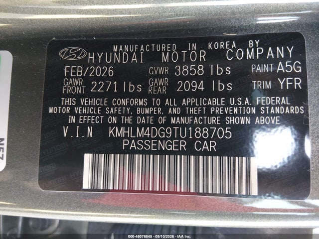 46076845 :رقم المزاد ، KMHLM4DG9TU188705 vin ، 2026 Hyundai Elantra Sel Sport مزاد بيع