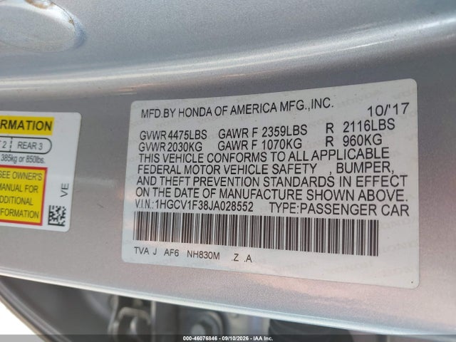 46076846 :رقم المزاد ، 1HGCV1F38JA028552 vin ، 2018 Honda Accord Sport مزاد بيع