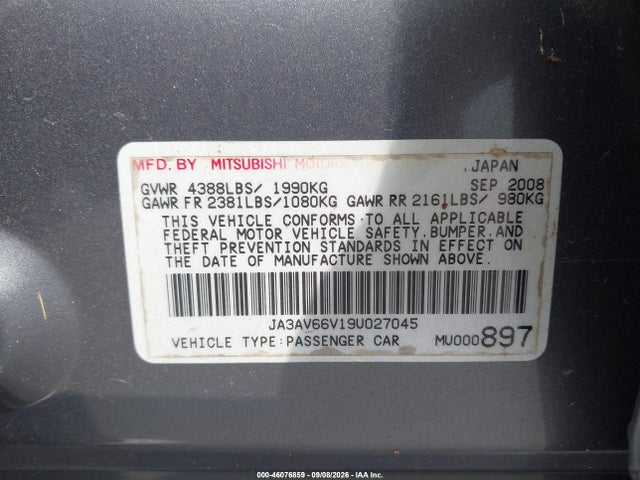 Продаж на аукціоні авто 2009 Mitsubishi Lancer Ralliart, vin: JA3AV66V19U027045, номер лоту: 46076859