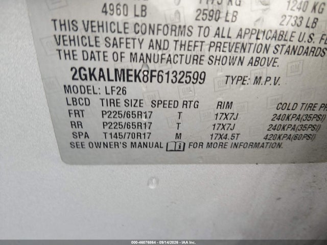 Продажа на аукционе авто 2015 Gmc Terrain Sle-1, vin: 2GKALMEK8F6132599, номер лота: 46076864