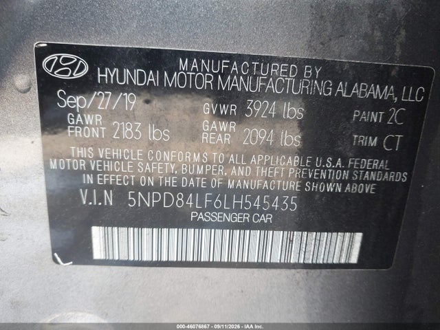 Продажа на аукционе авто 2020 Hyundai Elantra Sel, vin: 5NPD84LF6LH545435, номер лота: 46076867