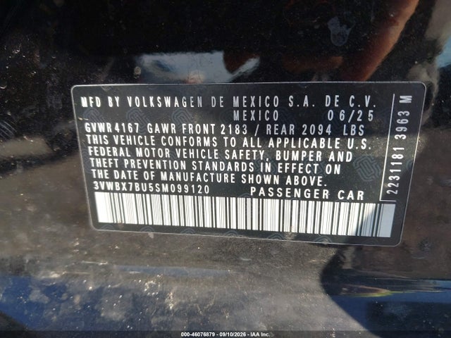 46076879 :رقم المزاد ، 3VWBX7BU5SM099120 vin ، 2025 Volkswagen Jetta 1.5t Sport مزاد بيع