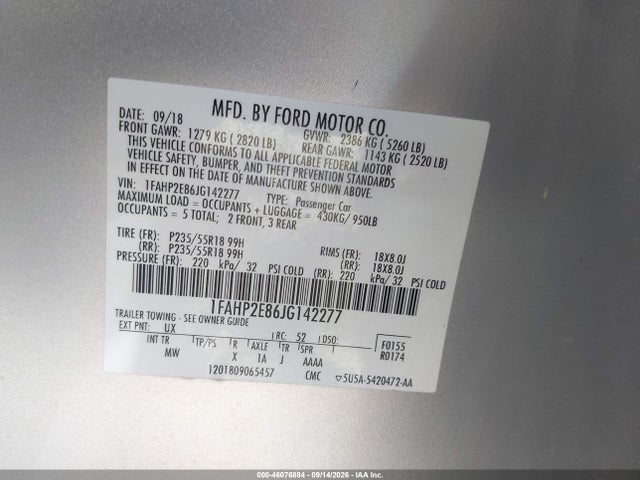 Продажа на аукционе авто 2018 Ford Taurus Sel, vin: 1FAHP2E86JG142277, номер лота: 46076884