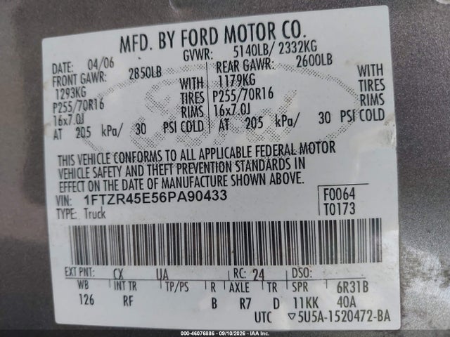 46076886 :رقم المزاد ، 1FTZR45E56PA90433 vin ، 2006 Ford Ranger Fx4 Level Ii/fx4 Off-road/sport/xlt مزاد بيع
