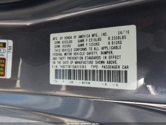 Honda ACCORD EX 2016 1HGCT1B71GA010563 Image 9