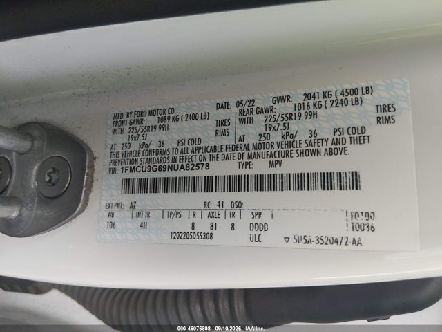 2022 Ford Escape Se მანქანა იყიდება აუქციონზე, vin: 1FMCU9G69NUA82578, აუქციონის ნომერი: 46076898
