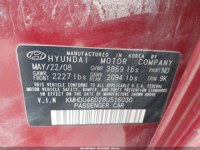 Продаж на аукціоні авто 2008 Hyundai Elantra Gls/se, vin: KMHDU46D28U516030, номер лоту: 46076914